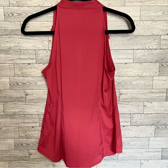 Express Elite Stretch Red Sleeveless  Ladies Jabot Top with Sheer Front Ruffle - Picture 11 of 13